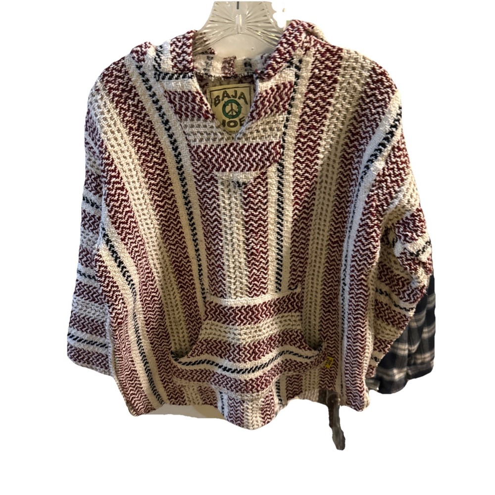 Vintage Baja Hoodie Mexican Drug Rug Pullover‎ Sweater maroon stripe S